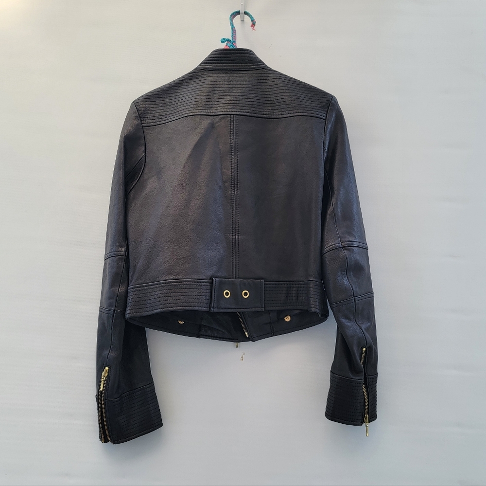 Truth+Pride Black Leather Moto Jacket Size Large Minimalist Classic Gold Neutral - Picture 9 of 16